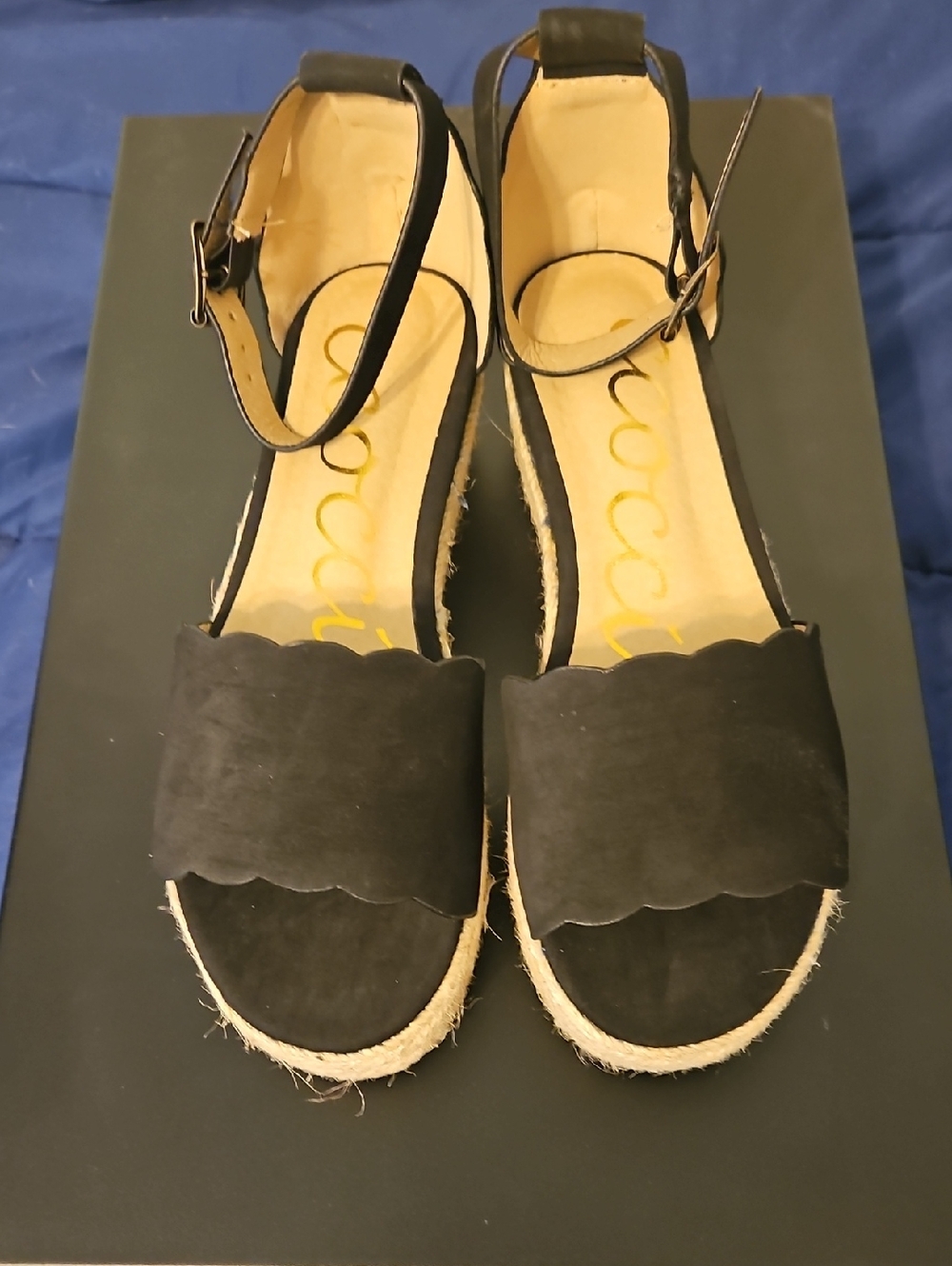 CCOCCI Black Scalloped Espadrille Wedge Sandals